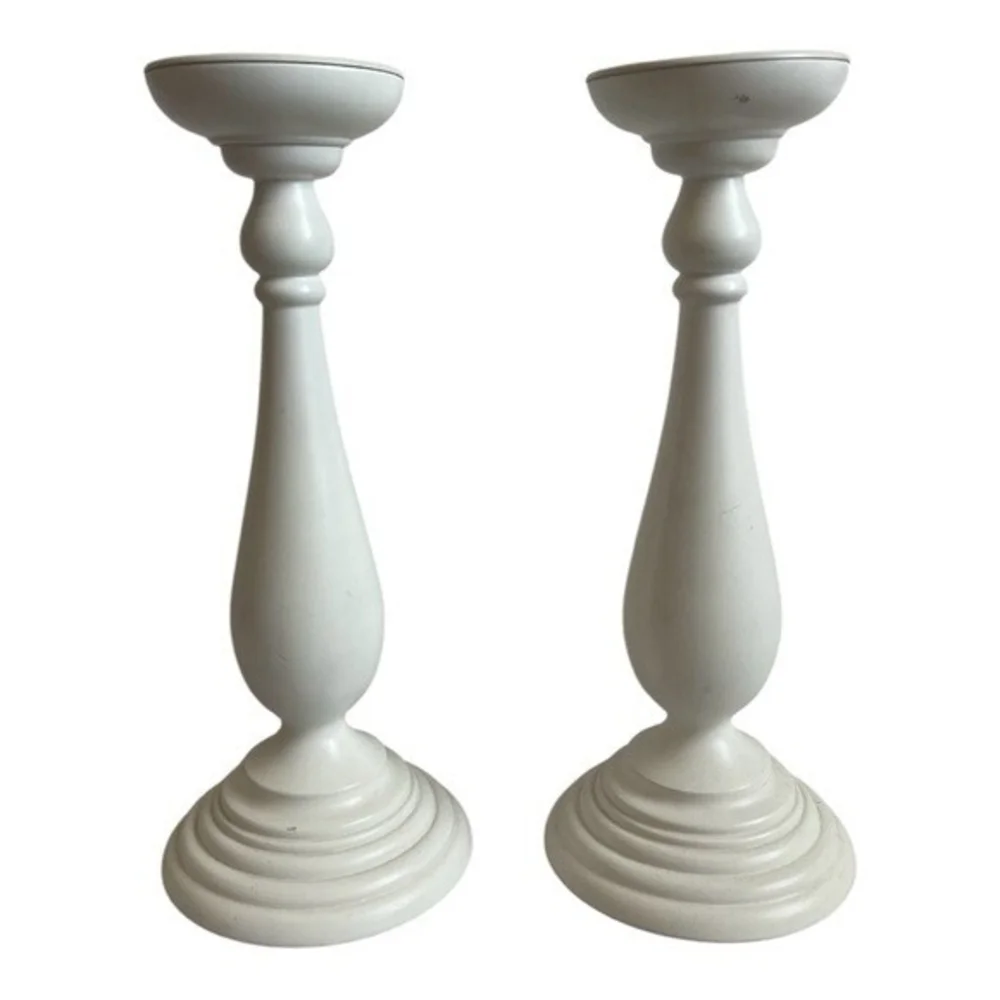 Set of 2 Tall White Wooden Candle Holders Modern Home Decor 14 Inch